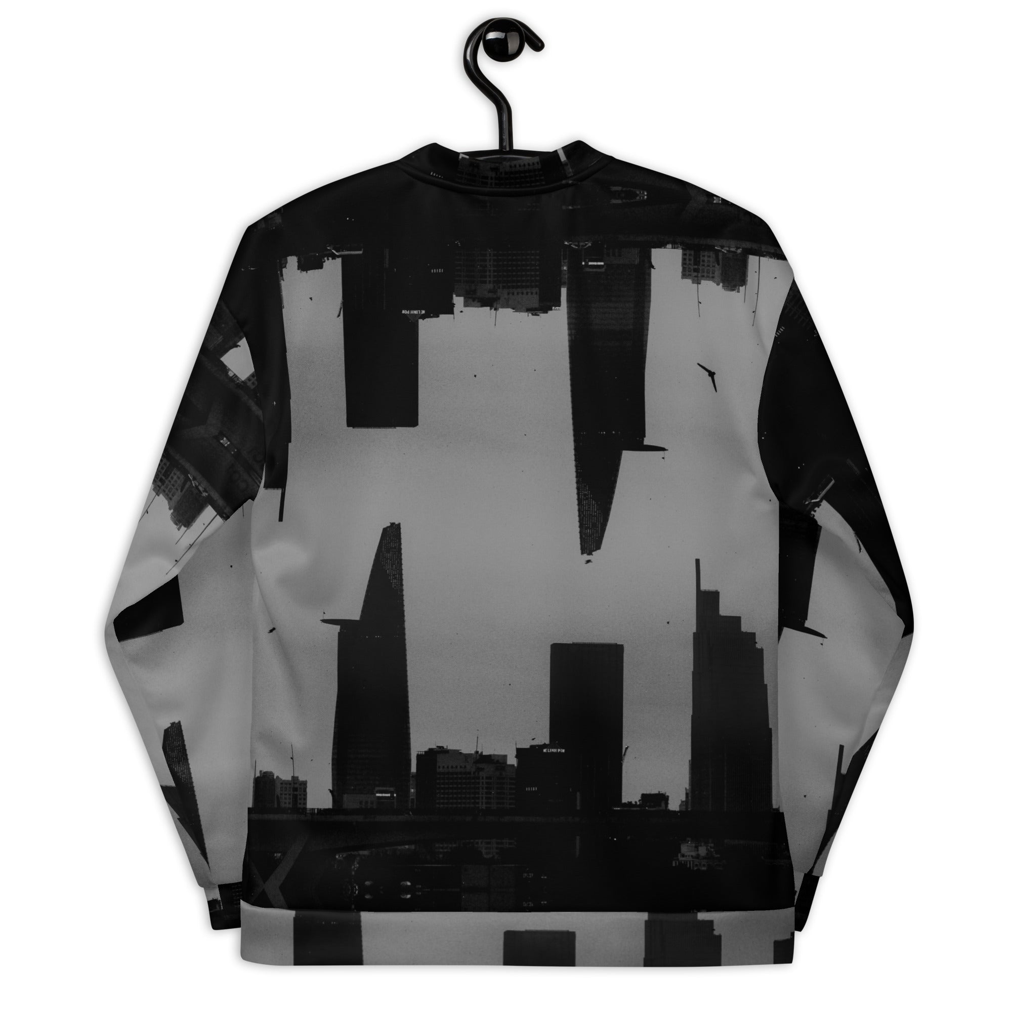 Men's Black and Grey Skyiline Graphic Print Bomber Jacket