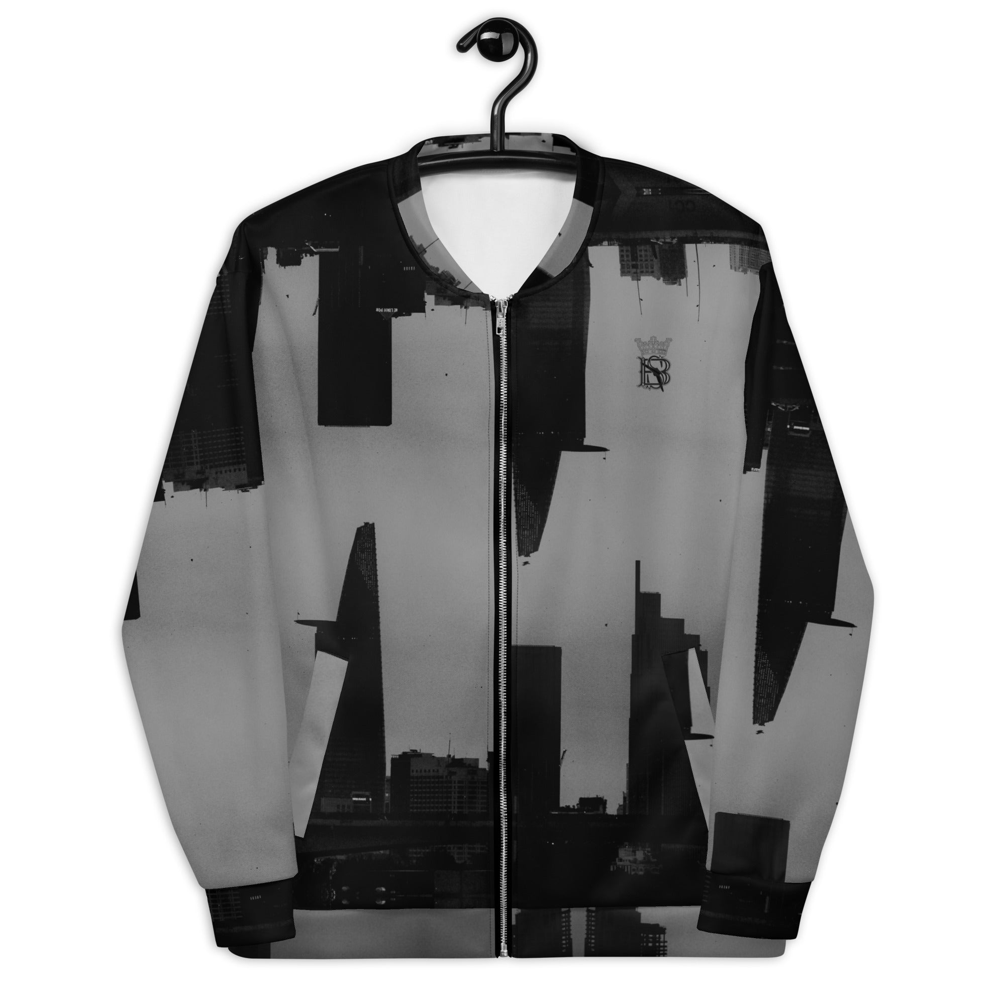 Men's Black and Grey Skyiline Graphic Print Bomber Jacket