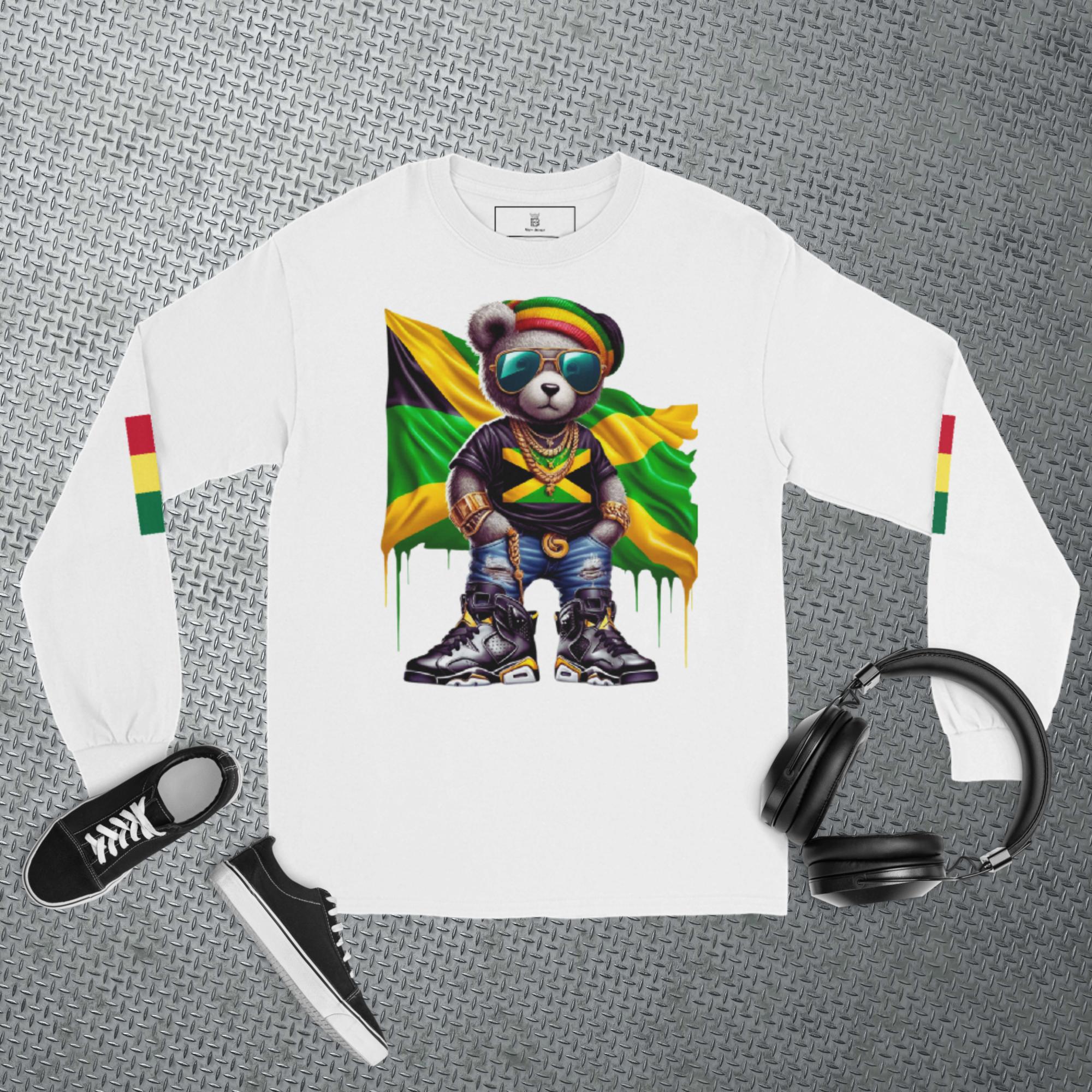 Men’s Long Sleeve Jamaican Flag White Graphic Shirt